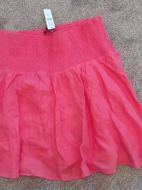 J. Crew Bright Coral Linen Smocked Waist Circle Skirt